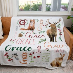 Custom Name Blanket With Woodland Animals, Personalizable Couch Throw, Winter Animals Nursery Decor, Baby Blanket, Christmas Gift