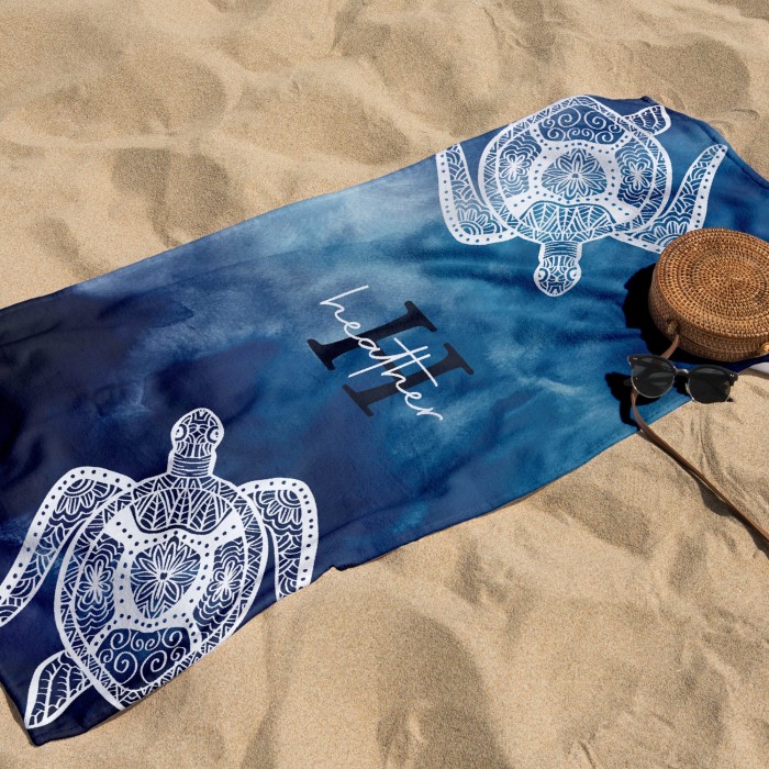 Tie Dye Style Custom Name Beach Towel, Personalized  Mandala Turtle Design Pool Towel, Birthday Gift, Bohemian Style, Bachelorette Party