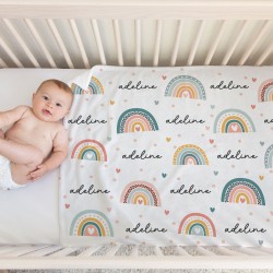 Custom Baby Shower Present, Rainbows And Names Baby Blanket, Baby Girl Present, Boho Nursery Decor, Stroller Throw, Hospital Gift