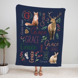 Custom Name Blanket With Woodland Animals, Personalizable Couch Throw, Winter Animals Nursery Decor, Baby Blanket, Christmas Gift