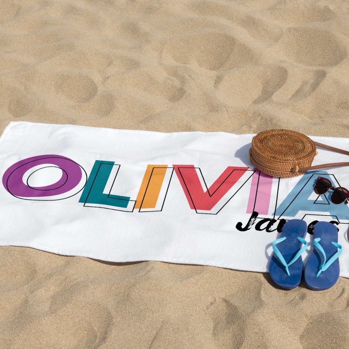 Solid Bold Font Style Personalized Towel, Multi Color Font Design Beach Towel, Bachelorette Trip, Birthday Vacation Gift, Bridesmaid Gift