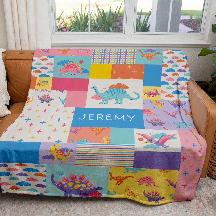 Dinosaur Name Blanket, Patchwork Style Kids Room Decor, Personalizable Couch Throw, Baby Shower Gift, Jurassic Print, Gift For Baby Boy