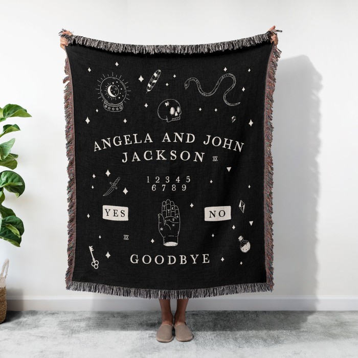 Custom Spirit Board Woven Blanket, Gothic Halloween Tapestry With Name, Personalized Couch Throw, Spooky Handmade House Decor