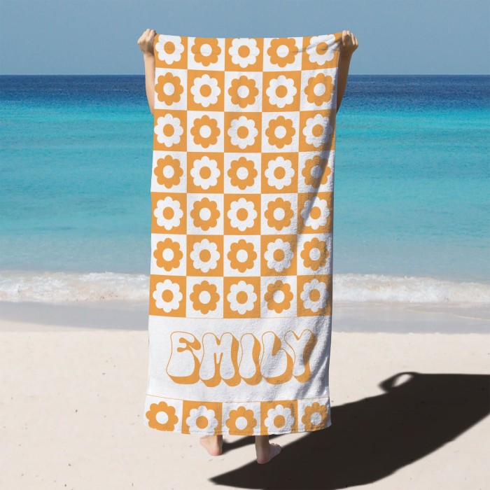 Personalized Vintage Floral 70's Design, Retro Style Custom Name Beach Towel, Personalized Pool Towel, Vacation Birthday Gift, Bachelorette Party Favors