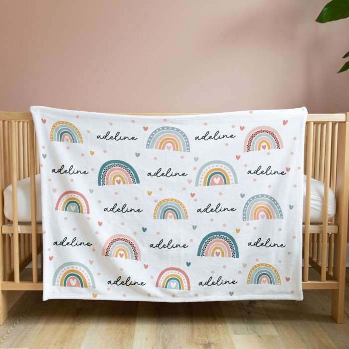 Custom Baby Shower Present, Rainbows And Names Baby Blanket, Baby Girl Present, Boho Nursery Decor, Stroller Throw, Hospital Gift