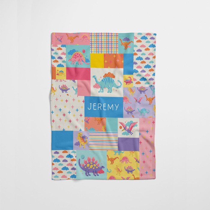 Dinosaur Name Blanket, Patchwork Style Kids Room Decor, Personalizable Couch Throw, Baby Shower Gift, Jurassic Print, Gift For Baby Boy