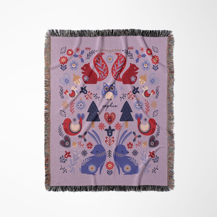 Personalized Christmas Folk Pattern Woven Tapestry, Scandinavian Art Blanket, Norwegian Swedish Sofa Throw, Woodland Animals, Christmas Gift