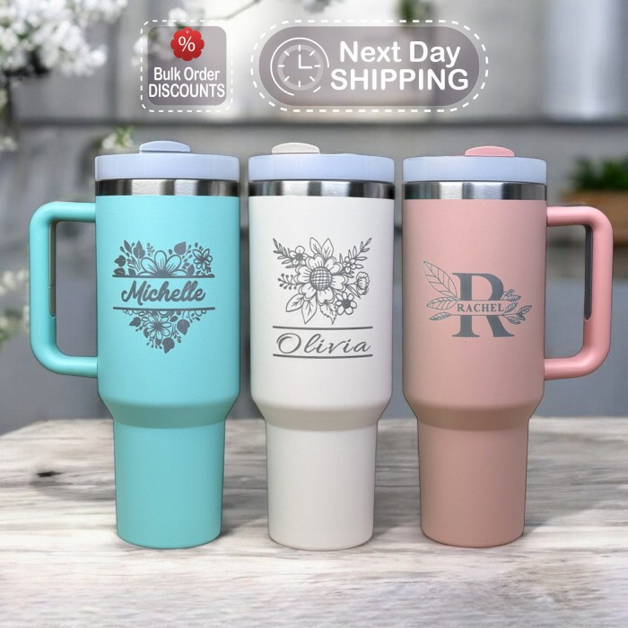 Personalized Logo 40oz Handle Tumbler With Name,  Custom Tumbler Lid Straw, Steel Laser Engraved, Bulk Handle Tumbler Christmas Gift