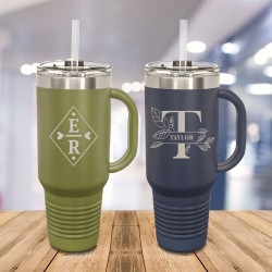 Custom Monogram 40 oz Stainless Steel Travel Mug with Handle, Personalized Name Travel Tumbler, Custom Logo Travel Mug Gift, Christmas Gift