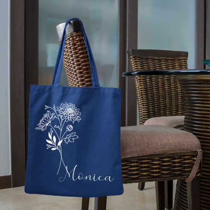 Personalized Birth Month Flower Tote Bag, Gift Custom Floral Bag, Custom Name Shopper Aesthetic Tote Bag Flower