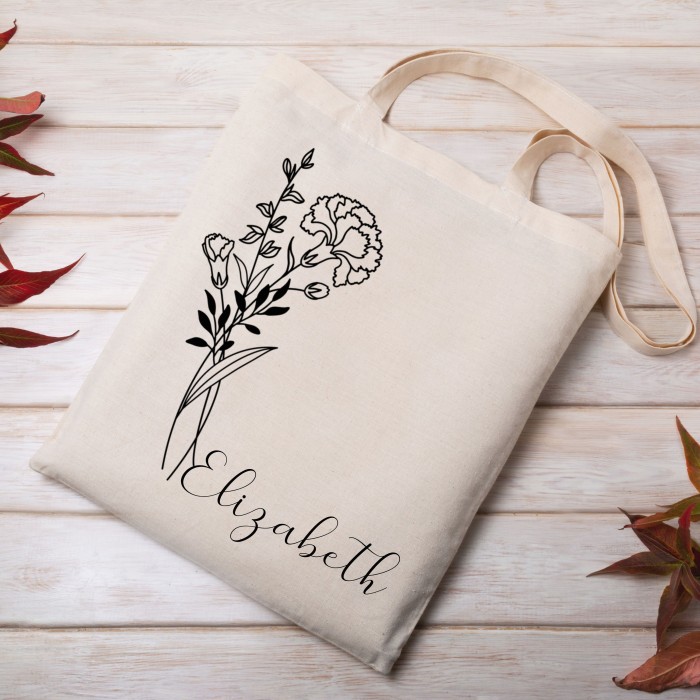 Personalized Birth Month Flower Tote Bag, Gift Custom Floral Bag, Custom Name Shopper Aesthetic Tote Bag Flower