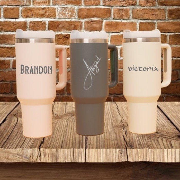 Personalized Laser Engraved 40oz Insulated Tumbler, Custom Logo Name Travel Tumbler With Rubber Handles, Hot Cold Mug With Straw, 40 Oz Mug