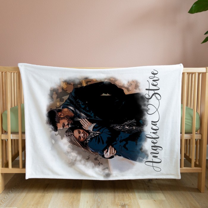 Personalized Photo Blanket with Drawing, Custom Portrait Blanket, Watercolor Drawing, Anniversary, Couple Gift, Fleece/Sherpa/Minky