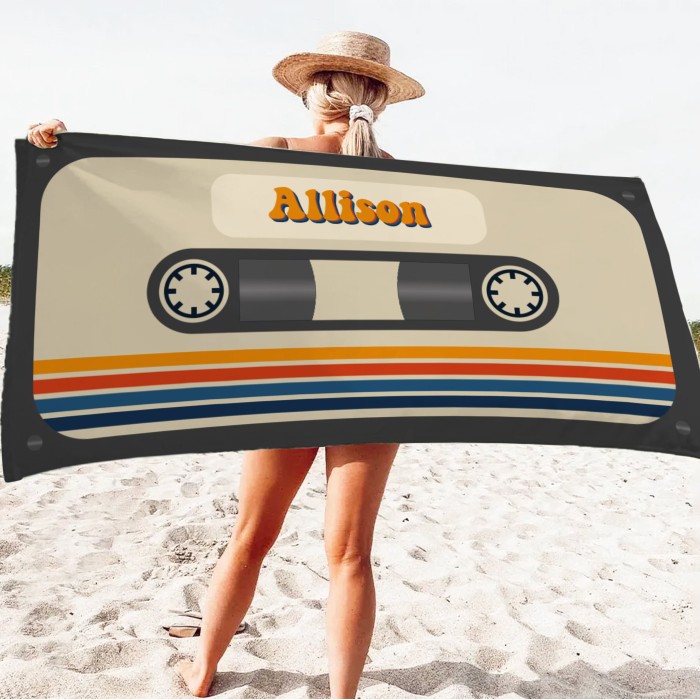 Custom Name Vintage Beach Towel, Personalized Retro 70's 80's 90's Beach Bath Pool Towel, Bride Towel, Anniversary Gift, Soft Beach Towel