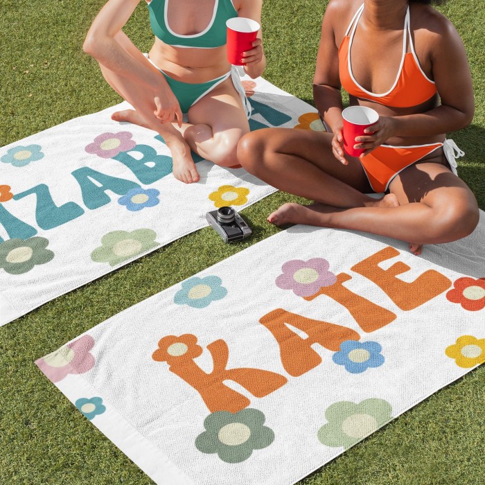 Personalized Name Floral Bath Towel, Custom  Colorful Bath Pool Towel, Bride Bachelorette Towel, Anniversary Gift, Vacation Gift