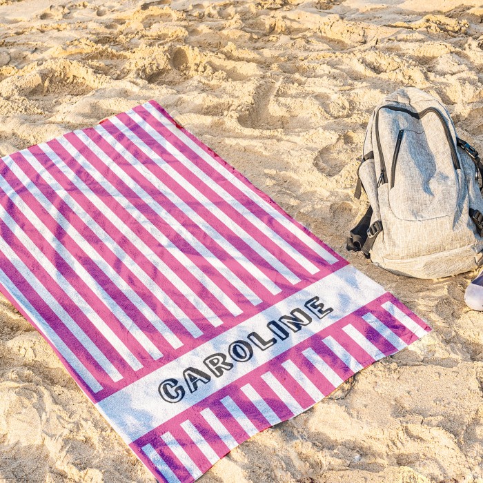 Striped Custom Name Beach Towel, Personalized Name Bath Towel Pool Towel, Bride Beach Towel, Anniversary / Birthday Beach Towel
