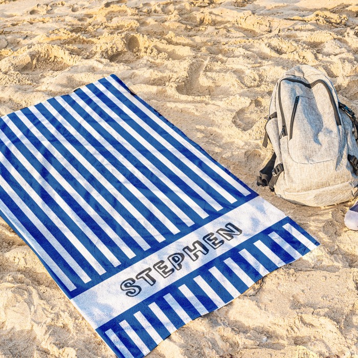 Striped Custom Name Beach Towel, Personalized Name Bath Towel Pool Towel, Bride Beach Towel, Anniversary / Birthday Beach Towel