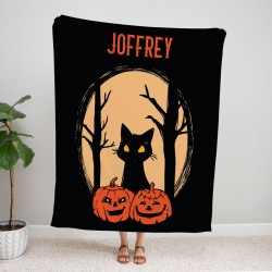 Personalized Black Cat Pumpkin Blanket, Custom Name Soft Cozy Sherpa Fleece Throw Blanket, Halloween Gift for Cat Mom, Cat Dad, Cat Lover