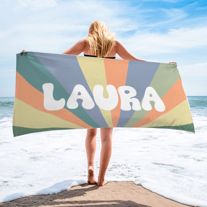 Personalized Multi-Color Striped Design Beach Towel, Custom Name Pool Towel, Bachelorette Trip, Birthday Vacation Gift, Gift For Her Him