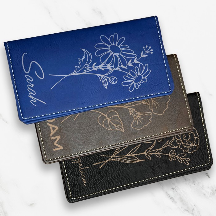 Birth Flower Checkbook Cover, Personalized Checkbook Cover,Engraved Checkbook Holder, Custom Leather Checkbook Wallet, Custom Checkbook Case