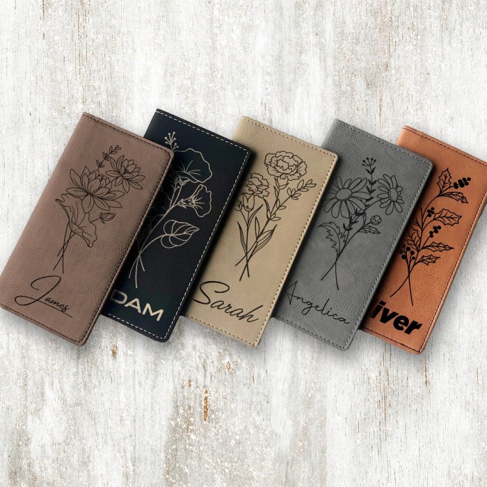Birth Flower Checkbook Cover, Personalized Checkbook Cover,Engraved Checkbook Holder, Custom Leather Checkbook Wallet, Custom Checkbook Case