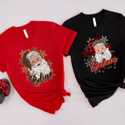 Leopard Santa Hat Christmas Shirt with 'Believe' Design, Santa Shirt in Leopard Print with 'Believe', Leopard Print Santa Shirt