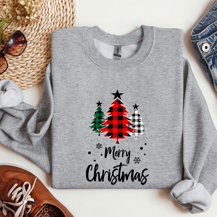 Buffalo Plaid Christmas Tree Sweatshirt, Leopard Print Christmas Tree Sweatshirt, Merry Christmas Sweatshirt, Christmas Family Sweatshirt
