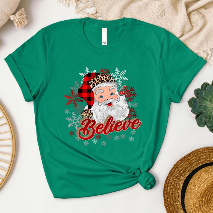 Leopard Santa Hat Christmas Shirt with 'Believe' Design, Santa Shirt in Leopard Print with 'Believe', Leopard Print Santa Shirt Leopard Santa Hat Christmas Shirt with 'Believe' Design, Santa Shirt in Leopard Print with 'Believe', Leopard Print Santa Shirt