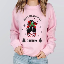 Just A Girl Who Loves Christmas Sweatshirt, Messy Bun Christmas Sweatshirt, Girl with Buffalo Patterned Glasses Sweatshirt, Christmas Hoodie