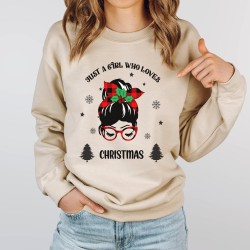 Just A Girl Who Loves Christmas Sweatshirt, Messy Bun Christmas Sweatshirt, Girl with Buffalo Patterned Glasses Sweatshirt, Christmas Hoodie