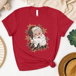 Leopard Santa Hat Christmas Shirt with 'Believe' Design, Santa Shirt in Leopard Print with 'Believe', Leopard Print Santa Shirt Leopard Santa Hat Christmas Shirt with 'Believe' Design, Santa Shirt in Leopard Print with 'Believe', Leopard Print Santa Shirt